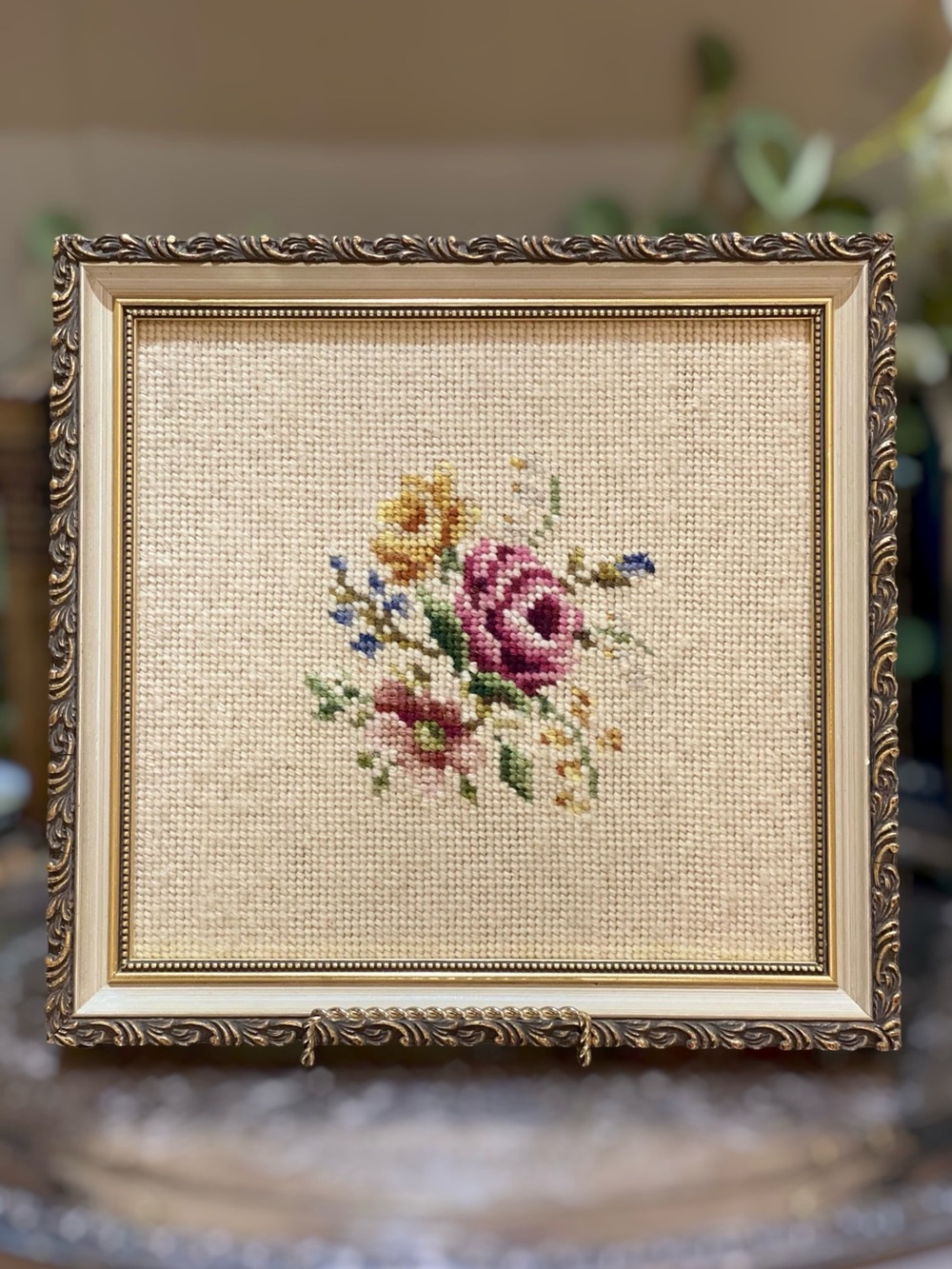 Vintage Needlepoint Roses Floral Wall Hanging Wood Frame